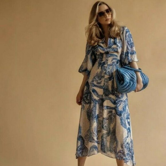 H&M CONSCIOUS EXCLUSIVE 100% Silk Mosaic Midi Puff Sleeve Cocktail Dress - Picture 2 of 12